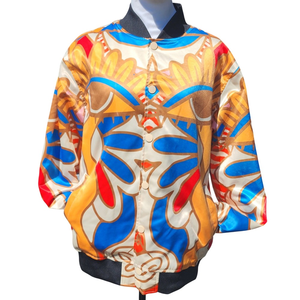 Roku Studio Mens Abstract Face Graphic Bomber Jacket Multicolor Satin Size M